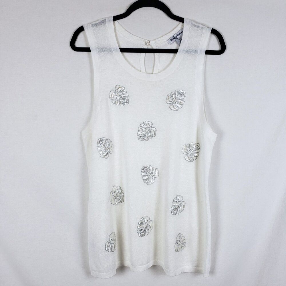 Tommy Bahama Linen-Blend Tank Top Womens L Tropical Sequins Island Resort Beach